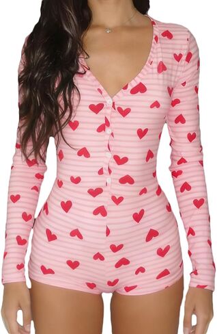 SOLILOQUY Women Heart Print Jumpsuit Shorts Deep V Neck Zip Long Sleeve Slim Fit Bodysuit Casual Party Valentine's Day Onesie in Saudi Arabia
