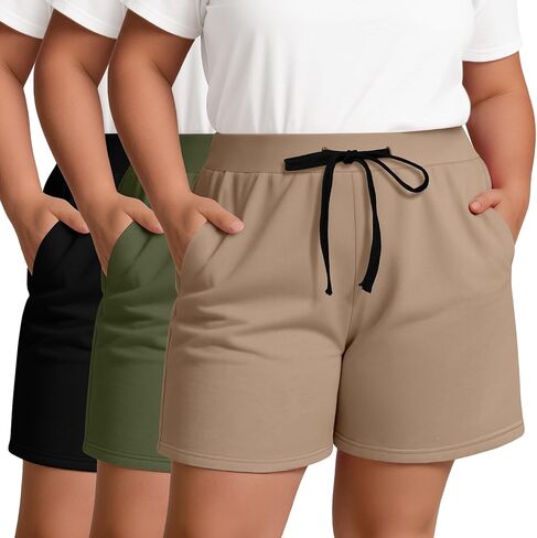 Neer 3 Pack Plus Size Shorts for Curvy Women Wide Leg Knit Shorts Elastic Drawstring Athletic Lounge Summer SweatShorts in Saudi Arabia