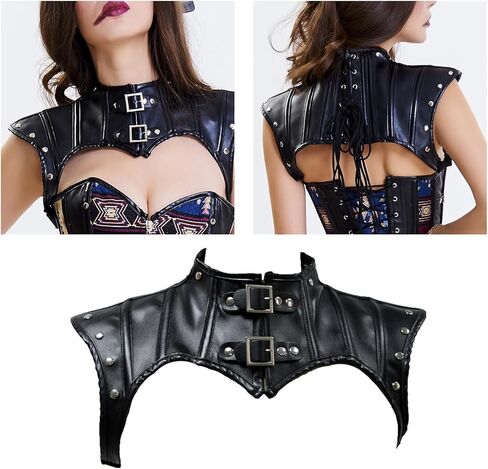 غطاء الكتف الجلدي من Guojiang، حزام الرأس، أزياء الحفلات التنكرية للنساء، وشاح شال من جلد البولي يوريثان، جلد فارس قوطي فاسق، أسود-m in Kuwait