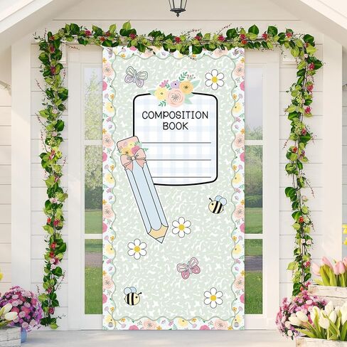 Spring Pastel Floral Door Cover Composition Notebook Door Banner Spring Butterfly Pencil Banners Back to School Classroom Decor First Day of School Backdrop for Kindergarten Preschool Wall Decor in Saudi Arabia