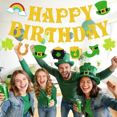 لافتة عيد ميلاد القديس باتريك - ديكورات عيد القديس باتريك الذهبية اللامعة مسبقًا، إكليل شامروكس كلوفر الأيرلندي للمنزل والفصول الدراسية والمكتب وحفلات أعياد الميلاد in Kuwait