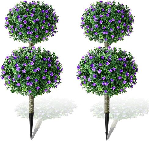 2 Pcs 36 in Artificial Boxwood Double Ball Fake Topiary Tree with Flowers Outdoor Plants, UV Resistance Faux Shrub Realistic Bush Greenery Potted for Indoor Garden Yard Porch Decor(Purple) in Saudi Arabia
