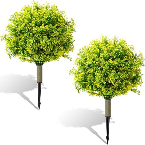Yunlly 24'' Set of 2 Artificial Topiary Ball Tree with Flowers Artificial Plants Outdoor, Faux Shrubs Bushes with Ground Spike Realistic UV Resistant Fake Greenery Plant for Porch Indoor (Yellow) in Saudi Arabia