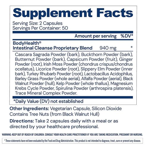 BodyHealth Intestinal Cleanse - Eliminate, Colon Cleanser Detox, Gentle Laxative Pills and Bowel Flush Constipation Relief for Adults, Body Cleanse for Colon Health and Clean Gut (100 Capsules) in Kuwait