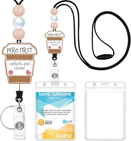 Plifal Teacher Lanyards for Id Badges Reel Retractable Keys Holder Cute Smile Funny Aesthetic Glitter Beaded Card Keychain for Women Student Work School Office in Saudi Arabia