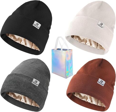 Satin Lined Winter Beanie Hats, Silk Lined Beanies Knit Warm Cuffed Soft Hats for Women and Men with a Gift Tote Bag in Saudi Arabia