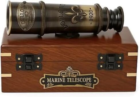 Vintage Marine Telescope with Decorative Wooden Storage Box, Brass Finish Handheld Monocular for Bird Watching, Sailing & Décor in Saudi Arabia