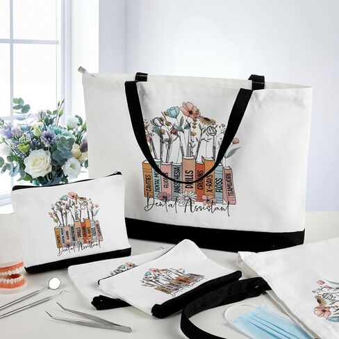 Hillban 5 Sets/10 Sets Dental Assistant Gifts Bulk Canvas Reusable Grocery Tote Bags Cosmetic Bags with Zipper for Women(10 Sets) in Saudi Arabia