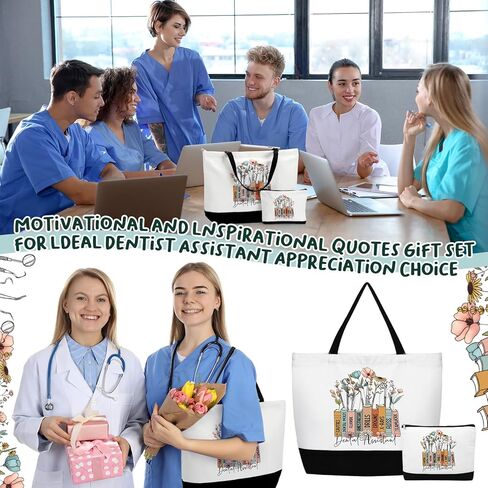 Hillban 5 Sets/10 Sets Dental Assistant Gifts Bulk Canvas Reusable Grocery Tote Bags Cosmetic Bags with Zipper for Women(10 Sets) in Saudi Arabia