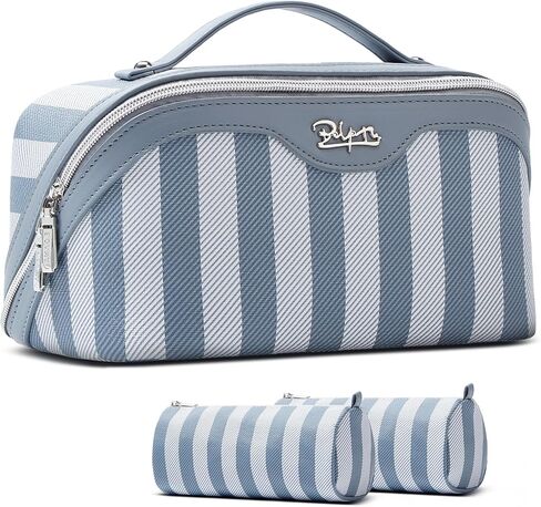 BOYATU Travel Makeup Bag Cosmetic Bag for Women: 3 Pcs Set Make up Bag with Compartments - Waterproof Vegan Leather Toiletry Bags with Handle - Makeup Organizer for Travel Essentials(A-1-Blue) in Saudi Arabia