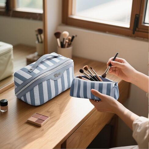 BOYATU Travel Makeup Bag Cosmetic Bag for Women: 3 Pcs Set Make up Bag with Compartments - Waterproof Vegan Leather Toiletry Bags with Handle - Makeup Organizer for Travel Essentials(A-1-Blue) in Saudi Arabia