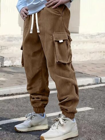 Mens Corduroy Cargo Pants Joggers Drawstring Elastic Waist Baggy Tapered Sweatpants in Saudi Arabia