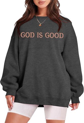 FASHGL سويت شيرت نسائي كبير الحجم God is Good بلوفر إيماني خفيف الوزن ومطرز بأكمام طويلة in Saudi Arabia