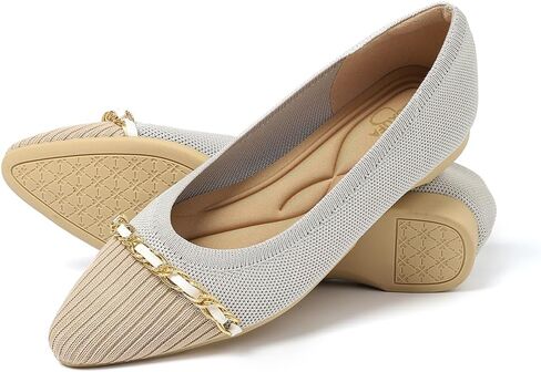 All-Day Comfort Knit Flats for Women - Pointed Toe Ballet Shoes with Metallic Chain Detail & Arch Support | Dressy & Casual Slip-On for Work, Office in Saudi Arabia