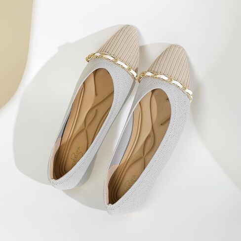 All-Day Comfort Knit Flats for Women - Pointed Toe Ballet Shoes with Metallic Chain Detail & Arch Support | Dressy & Casual Slip-On for Work, Office in Saudi Arabia