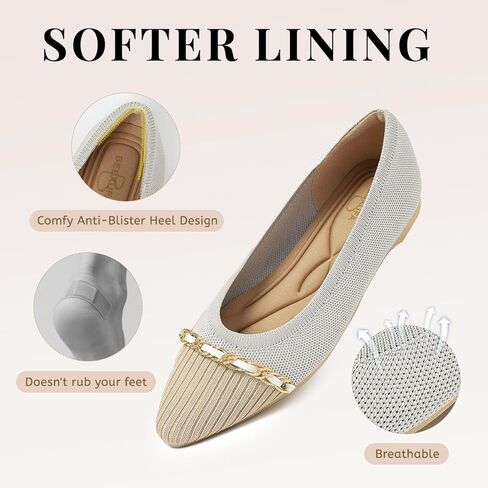 All-Day Comfort Knit Flats for Women - Pointed Toe Ballet Shoes with Metallic Chain Detail & Arch Support | Dressy & Casual Slip-On for Work, Office in Saudi Arabia