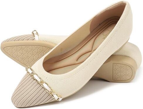 All-Day Comfort Knit Flats for Women - Pointed Toe Ballet Shoes with Metallic Chain Detail & Arch Support | Dressy & Casual Slip-On for Work, Office in Saudi Arabia
