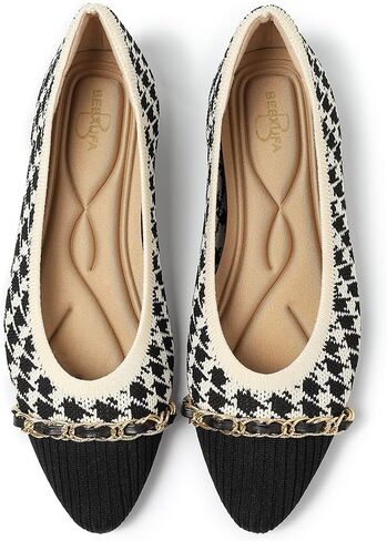 All-Day Comfort Knit Flats for Women - Pointed Toe Ballet Shoes with Metallic Chain Detail & Arch Support | Dressy & Casual Slip-On for Work, Office in Saudi Arabia