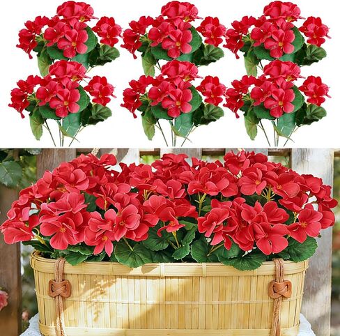 Htmeing 6PCS Artificial Geranium Bush Decorative Silk Flower Artificial Plant for Outdoors or Indoor (Orange) in Kuwait