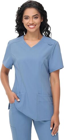 Scrub Tops Women with 5 Pockets - Soft Stretch V-Neck Nurse Shirt Scrubs Anti-Wrinkle Back Princess Seams Classic Fit in Saudi Arabia