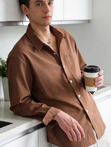 Men's Casual Relaxed Fit Slightly Wrinkled Textured Long-Sleeve Shirt in Saudi Arabia
