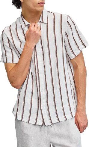 Amazhiyu Men's 100% Linen Summer Casual Short Sleeve Striped Button Down Shirt in Saudi Arabia