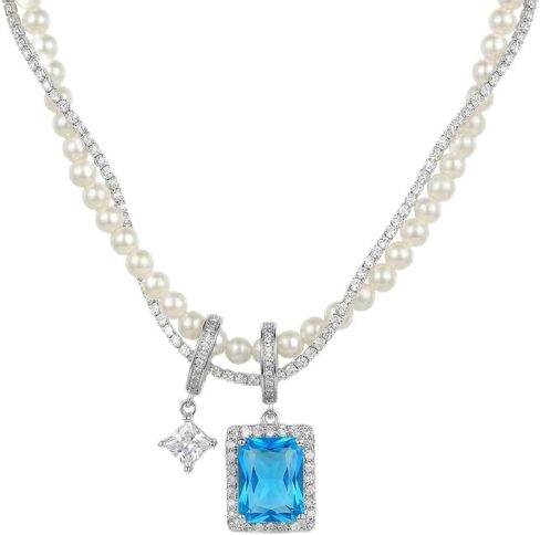 Azure Heart Pearl Necklace with Blue Cubic Zirconia Pendant, Elegant Gift for Women & Girlfriend, Romantic Jewelry for Birthday, Anniversary, Valentine’s Day in Saudi Arabia