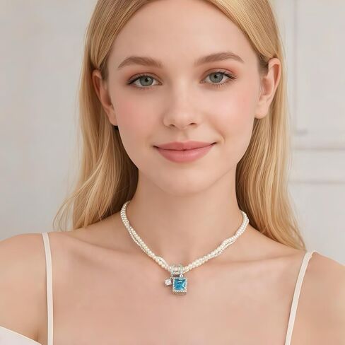 Azure Heart Pearl Necklace with Blue Cubic Zirconia Pendant, Elegant Gift for Women & Girlfriend, Romantic Jewelry for Birthday, Anniversary, Valentine’s Day in Saudi Arabia