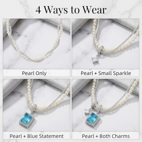 Azure Heart Pearl Necklace with Blue Cubic Zirconia Pendant, Elegant Gift for Women & Girlfriend, Romantic Jewelry for Birthday, Anniversary, Valentine’s Day in Saudi Arabia