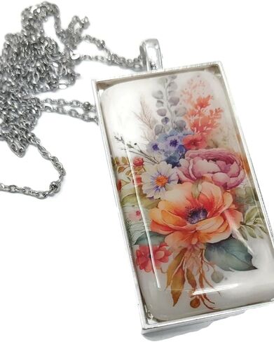 Colorful Floral Pendant on 30 inch Stainless Steel Chain in Saudi Arabia