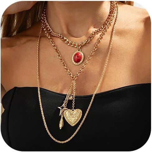 Charm Love Heart Pendant Layered Necklace for Women Retro Printed Heart Punk Star Pendant Long Chain Necklace Trendy Personalized Jewelry in Saudi Arabia