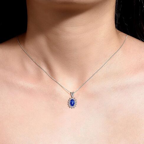 Rylos Sterling Silver Halo Pendant Necklace: 6X4MM Blue Star Sapphire Fba & Sparkling Diamonds - 18" Chain Exquisite Birthstone Jewelry in Saudi Arabia