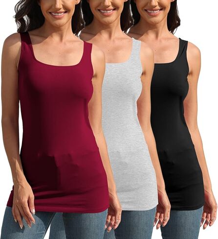 TAIPOVE Square Neck Long Tank Tops for Women Basic Sleeveless Layering Tunic Shirt Ladies Cotton Camis Undershirts 3-Pack in Saudi Arabia