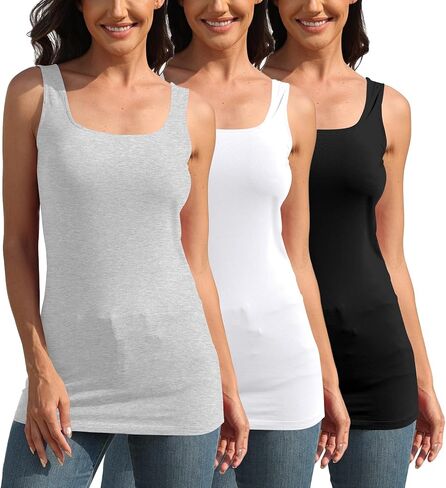 TAIPOVE Square Neck Long Tank Tops for Women Basic Sleeveless Layering Tunic Shirt Ladies Cotton Camis Undershirts 3-Pack in Saudi Arabia