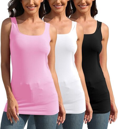 TAIPOVE Square Neck Long Tank Tops for Women Basic Sleeveless Layering Tunic Shirt Ladies Cotton Camis Undershirts 3-Pack in Saudi Arabia