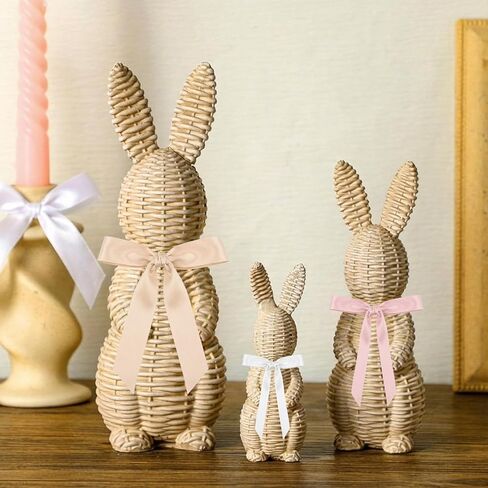 3 Pcs Rattan Effect Resin Easter Bunny Figurines Decor Wicker Easter Bunny Garden Statue with Bow for Spring Table Centerpieces Indoor Outdoor Patio Yard Farmhouse Decorations Home Decor in Saudi Arabia