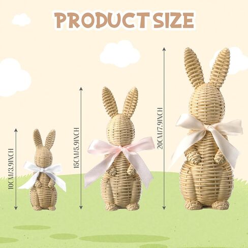 3 Pcs Rattan Effect Resin Easter Bunny Figurines Decor Wicker Easter Bunny Garden Statue with Bow for Spring Table Centerpieces Indoor Outdoor Patio Yard Farmhouse Decorations Home Decor in Saudi Arabia