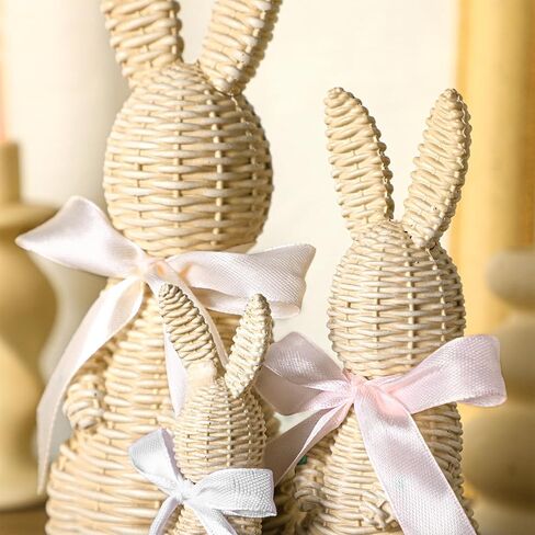 3 Pcs Rattan Effect Resin Easter Bunny Figurines Decor Wicker Easter Bunny Garden Statue with Bow for Spring Table Centerpieces Indoor Outdoor Patio Yard Farmhouse Decorations Home Decor in Saudi Arabia