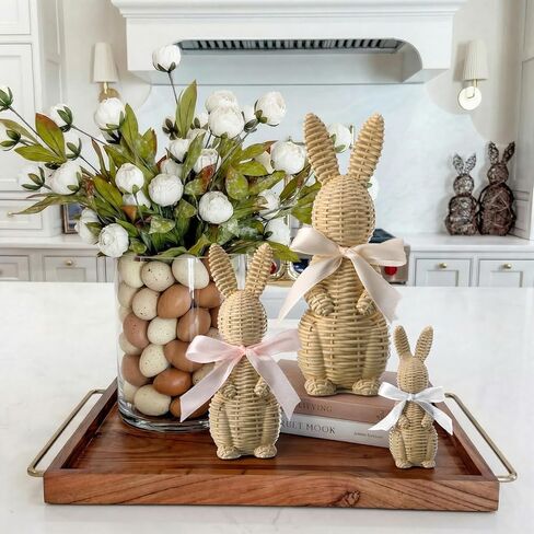 3 Pcs Rattan Effect Resin Easter Bunny Figurines Decor Wicker Easter Bunny Garden Statue with Bow for Spring Table Centerpieces Indoor Outdoor Patio Yard Farmhouse Decorations Home Decor in Saudi Arabia