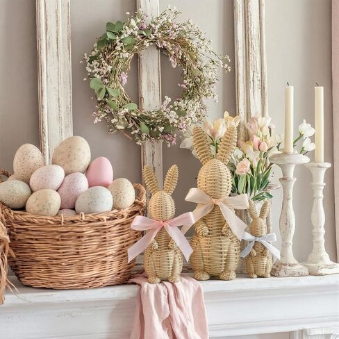 3 Pcs Rattan Effect Resin Easter Bunny Figurines Decor Wicker Easter Bunny Garden Statue with Bow for Spring Table Centerpieces Indoor Outdoor Patio Yard Farmhouse Decorations Home Decor in Saudi Arabia