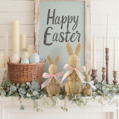 3 Pcs Rattan Effect Resin Easter Bunny Figurines Decor Wicker Easter Bunny Garden Statue with Bow for Spring Table Centerpieces Indoor Outdoor Patio Yard Farmhouse Decorations Home Decor in Saudi Arabia