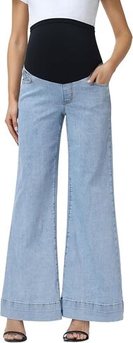 V VOCNI Women's Maternity Jeans Wide Leg Over The Belly Flare Pregnancy Jeans Loose Baggy Denim Pants with Pockets in Saudi Arabia