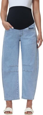 Women's Maternity Barrel Jeans Over Belly Wide Leg Baggy Jeans Stretch Loose Pregnancy Denim Pants with Pockets in Saudi Arabia