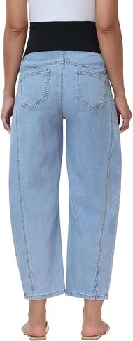 Maternity Barrel Jeans Wide Leg Denim Pants | Over Belly, Comfy Stretchy Fabric, Basic Pockets, Baggy Loose Jeans, Pregnancy Work Casual Pants, Maternity Clothes in Saudi Arabia