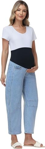 Maternity Barrel Jeans Wide Leg Denim Pants | Over Belly, Comfy Stretchy Fabric, Basic Pockets, Baggy Loose Jeans, Pregnancy Work Casual Pants, Maternity Clothes in Saudi Arabia