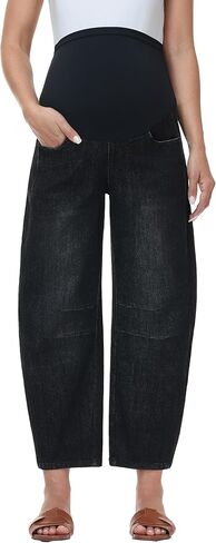 Maternity Barrel Jeans Wide Leg Denim Pants | Over Belly, Comfy Stretchy Fabric, Basic Pockets, Baggy Loose Jeans, Pregnancy Work Casual Pants, Maternity Clothes in Saudi Arabia