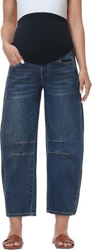 Maternity Barrel Jeans Wide Leg Denim Pants | Over Belly, Comfy Stretchy Fabric, Basic Pockets, Baggy Loose Jeans, Pregnancy Work Casual Pants, Maternity Clothes in Saudi Arabia
