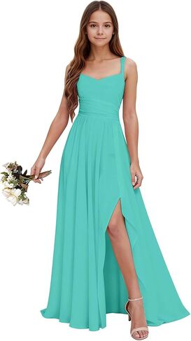 Junior Bridesmaid Dresses with Slit Chiffon Flower Girl Dress Spaghetti Strap Formal Dresses Party Gown for Girls in Kuwait