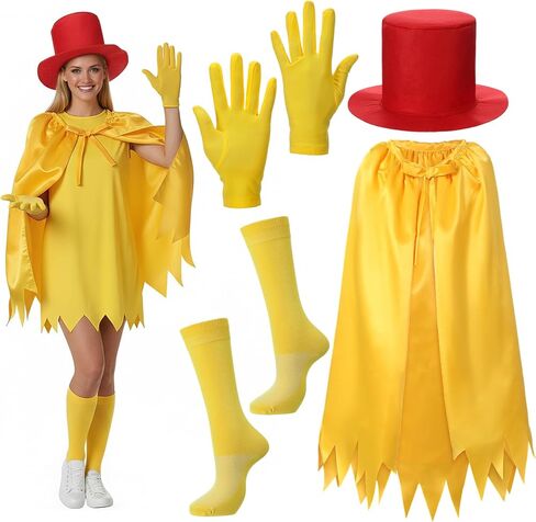 4 Pcs Funny Storybook Character Cosplay Costume for Adults Yellow Clothing Red Top Hat Yellow Socks and Cape for Reading Across America Day Storybook Themed Parties and Cosplay Events in Saudi Arabia