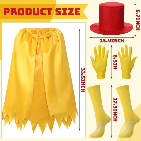 4 Pcs Funny Storybook Character Cosplay Costume for Adults Yellow Clothing Red Top Hat Yellow Socks and Cape for Reading Across America Day Storybook Themed Parties and Cosplay Events in Saudi Arabia